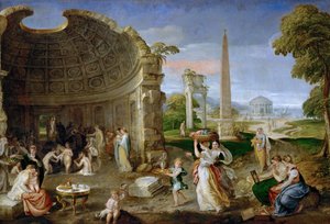 Antik harabeler ve banyo yapan kadınların olduğu manzara - Lambert Sustris (Alberto de Olanda) (1515/20- 1591