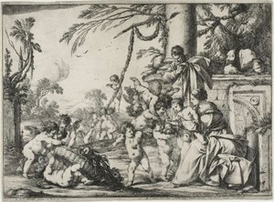 Putti ile Kutsal Aile by Laurent de la Hyre