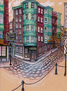 North Square Diner, 2025 (tonlanmış kağıt üzerine renkli kalem ve mürekkep)