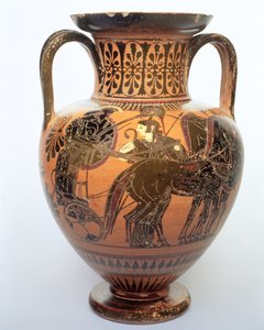 Bir kuadrigayı betimleyen siyah figürlü amfora, MÖ 515-490 (seramik) by Leagros Group