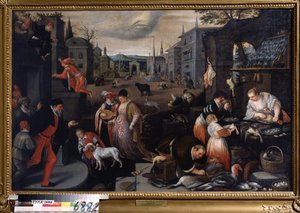 ""Le mois de fevrier"" (Şubat) Karnaval zamanında yürüyüş sahnesi. Gökyüzünde Balık işareti sembolü. Boyama Leandro Bassano da Ponte (1557-1622) 1595-1600 Dim 144x190 cm Devlet Sanat Müzesi Tula Rusya by Leandro da Ponte Bassano