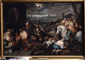 "Ocak ayı" (Ocak) Avcılar, yün ören kadınlar. Gökyüzünde Kova sembolü. Boyama Leandro Bassano da Ponte (1557-1622) Boyut 146 x 192 cm Devlet Sanat Müzesi Tula Rusya