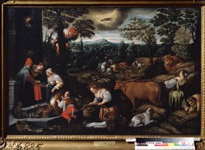 ""Haziran ayı"" (Haziran) Çiftliğin çalışmaları, kiraz toplama ve buğday toplama. Gökyüzünde kanser işareti sembolü. Resim Leandro Bassano da Ponte (1557-1622) 1595-1600 Devlet Sanat Müzesi Tula Rusya by Leandro da Ponte Bassano