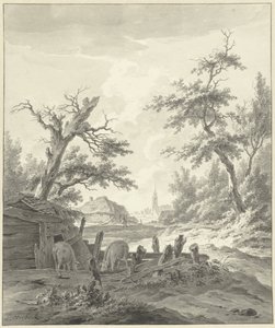 Ön planda bir domuz ahırı olan manzara by Leendert Overbeek