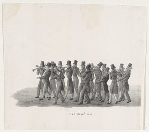Leiden öğrencilerinin alayındaki müzisyenler, 1835 Merhaba Muse! (nesne üzerindeki başlık) H.H. tarafından düzenlenen yükselişlerin bireysel performansları. 9 Şubat 1835