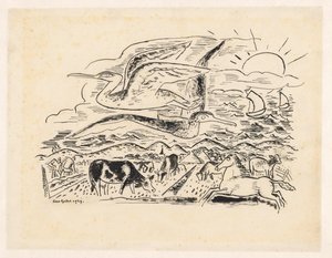 Sığırlarla dolu bir manzara üzerinde iki kuş uçuyor by Leo Gestel (signed by artist)