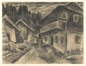 Köy yolunda inek olan adamla köy manzarası by Leo Gestel