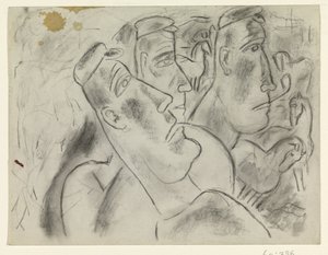 Atları olan bir çayırda üç çiftçi by Leo Gestel