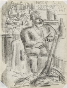 Kafe masasında oturan avcı, siyah tebeşirle Başlıksız by Leo Gestel