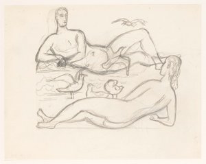 Martılar tarafından çevrili kıyıda çıplak erkek ve kadın by Leo Gestel