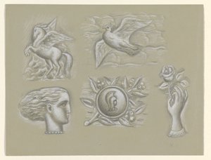 Pegasus, güvercin, kadın kafası, silah ve güllü el by Leo Gestel