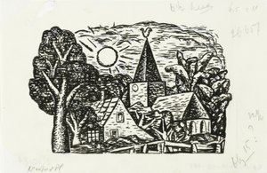 Gestel'in biyografisi için Vignette, Prof. W. van der Pluym İsimsiz (Kilise ve güneş ile köy manzarası, Prof. W. van der Pluym tarafından Gestel biyografisi için vinyet) by Leo Gestel