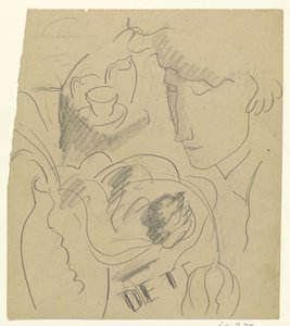 Kadın bir vazoda çiçek kokuyor by Leo Gestel