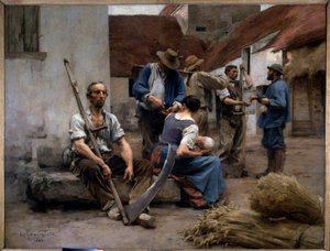 Çiftlik bahçesindeki köylü biçerdöverlerin maaş bordrosu, bunlardan biri sahte. Leon Augustin Lhermitte (1844-1925) 1882 Sun tarafından tablo. 2,15x2,72 m Paris, Orsay Müzesi