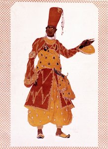 Nikolai Andreyevich Rimsky-Korsakov (Rimsky Korsakov veya Rimskij Korsakov) tarafından bestelenen “” Sheherazade” (veya Scheherazade) balesi için Lev Samoilovich Rosenberg tarafından Leon Bakst (1866-1924) adlı büyük hadım kostümü by Leon Bakst