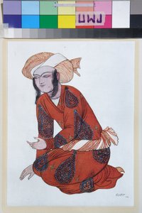 Bale için kostüm Shehrazade de Nicolas (Nikolai) Rimski Korsakov (Rimski-Korsakov) (1844-1908) - Oeuvre de Leon Bakst (1866-1924), litografi 1922 - (Nikolai Rimsky Korsakov tarafından Sheherazade balesi için kostüm tasarımı, Bakst tarafından , Renkli lit by Leon Bakst