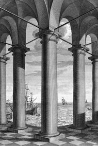 Mimaride, kemerlerle desteklenen bir binanın arkasında bir deniz manzarası belirir: Leon Battista Alberti (1404-1472), mimar, matematikçi, Rönesans