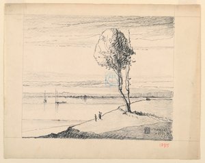 Uzakta Yelkenli ile Yamaç ve Ağaç by Leon Dabo
