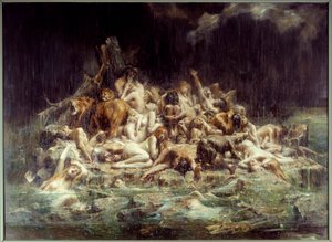 Tufan Bir küme insan ve hayvan cesetleri, göklerin öfkesinin yağmur selleri altında, kimisi çoktan boğulmuş, kimisi de dertlerini haykırıyor. Leon Comerre (1850-1916) 1911 Güneş tarafından yapılan resim. 3,45x4,48 m Nantes, Güzel Sanatlar Müzesi
