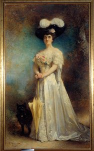 Madam Maurice Pascal ve köpeğinin tam boy portresi Tiny Painting, Leon Joseph Bonnat (1833-1922) 1905 Sun. 2.17x0.9 m Pau, güzel sanatlar müzesi - Madam Maurice Pascal ve köpeği Tiny