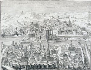 Léonard Gaultier'in gravürüne dayanan 1607'de Paris'in geniş perspektif görünümü. by Leonard Gaultier