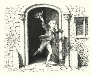Kızlar ve erkekler, dışarı çıkıp oynayın; ay gün gibi parlıyor (gravür) by Leonard Leslie Brooke