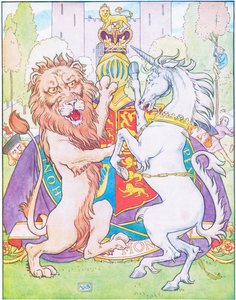 Aslan ve tek boynuzlu at taç için savaşıyordu (renkli taş)