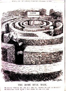 Ev Kuralı Labirenti. Bay Asquith: "Affedersiniz efendim, ama içeri mi girmeye mi çalışıyorsunuz, dışarı mı?" Bay Bonar Law: 
