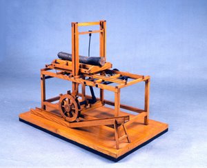 Dişli ve su ile çalışan hidrolik testerenin ahşap modeli (modeli). Leonardo da Vinci (Leonard de Vinci) (1452-1519) Milano Bilim ve Teknoloji Müzesi tarafından çizildikten sonra yapılmıştır.