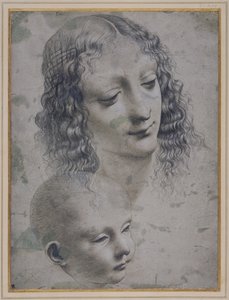 Bir kadının başı ve bir bebeğin başı (gri hazırlanmış kağıt üzerinde metal nokta) by Leonardo da (follower of) Vinci