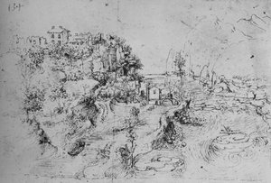 Yanında Kanalı ve Tepedeki Şatosu Olan Bir Nehir, c1480 1945 by Leonardo da Vinci