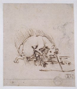 Boynuzunu Su Havuzuna Daldıran Tek Boynuzlu At, c.1481 (kağıt üzerinde kalem ve mürekkep ve metal uç) by Leonardo da Vinci