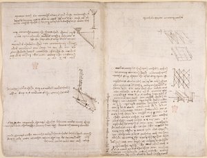 Arundel 263, f.120v, f.121 Sıvıların hızıyla ilgili mekanik üzerine notlar ve diyagramlar, c.1503-6 (kağıt üzerinde kalem ve mürekkep) by Leonardo da Vinci