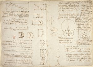 Arundel 263, f.222v, f.219, Çeşitli aritmetik ve geometrik önermelerle mekanik güçler ve kuvvetler, vurmalı çalgı, yerçekimi, hareket, optik ve astronomi üzerine çizimler (kağıt üzerinde kalem ve mürekkep) by Leonardo da Vinci