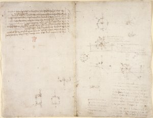 Arundel 263, f.35v, f.34 Çeşitli aritmetik ve geometrik önermelerle birlikte mekanik güçler ve kuvvetler, vurma, yerçekimi, hareket, optik ve astronomi üzerine çizimler. by Leonardo da Vinci
