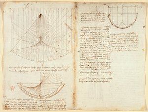 Arundel 263 f.87v, f.86 Yansıma kostikleriyle ilgili optik üzerine notlar ve diyagram, c.1503-5 (kağıt üzerinde kalem ve mürekkep) by Leonardo da Vinci