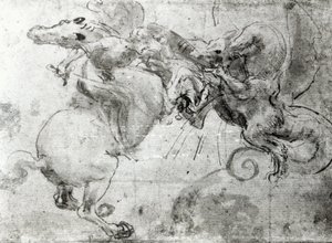 Bir Binici ve Ejderha arasındaki savaş, c.1482 (stylus underdrawing, kağıt üzerinde kalem ve fırça) by Leonardo da Vinci