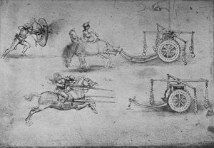 Kılıçlı Savaş Arabaları Çizimleri, Kalkanlı Bir Okçu, c1480, 1945 by Leonardo da Vinci