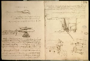 Helikopter benzeri bir uçan makinenin ilk çizimlerinden biri olan uçan makineler, c. 1487 by Leonardo da Vinci