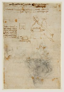 Yaşlı Bir Adamın Başkanı ve Makine Çalışmaları, c.1503-06 (siyah tebeşir, tükenmez kalem ve kahverengi mürekkep) by Leonardo da Vinci