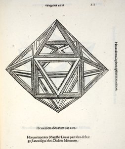 Hexaedron yükseltilmiş vakum, Luca Pacioli (c.1445-1517) tarafından 'İlahi Oran'dan örnekleme, orijinal yayın. Venedik, 1509 by Leonardo da Vinci