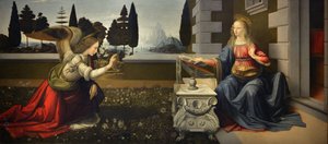 İtalya Toskana Floransa, Uffizi Galerisi: Müjde, Tablo, Leonardo da Vinci (1452-1519), Ahşap üzerine yağlı boya, yakl. 1472-1475, 98x217cm by Leonardo da Vinci