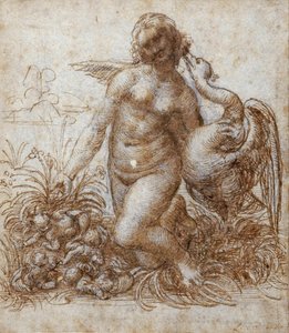 Leda ve kuğu (kağıt üzerine siyah tebeşir üzerine kalem ve kahverengi mürekkep) by Leonardo da Vinci