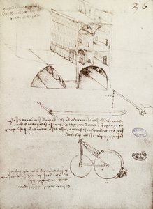El Yazması B, f 36 r Sokakları yükseltilmiş şehirdeki binaların mimari çalışmaları, gelişimi ve bölümleri (kağıt üzerine kalem ve mürekkep) by Leonardo da Vinci