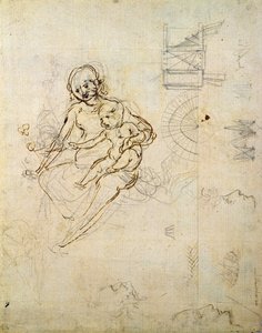 Bir Bakire ve Çocuk ve Profildeki ve Makinelerdeki Kafalar için Çalışmalar, c.1478-80 (kağıt üzerine kalem ve mürekkep) by Leonardo da Vinci