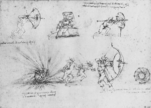 Piyadeleri Koruma Kalkanları ve Patlayan Bir Bomba Çalışmaları, c1480 1945 by Leonardo da Vinci