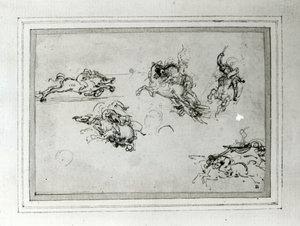 Savaşta Atlıların Çalışması, 1503-4 (kağıt üzerinde kalem ve mürekkep) by Leonardo da Vinci