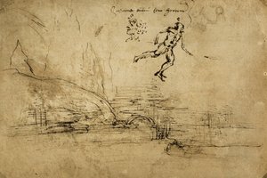 Bir asker figürü ile bir manzara çiziminin arkası: Leonardo da Vinci