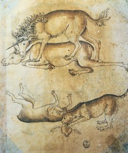 Bir ineğe saldıran tek boynuzlu at ve bir koyuna saldıran leopar, hayvanlar üzerine çalışma, Leonardo da Vinci (1452-1519), çizim by Leonardo da Vinci