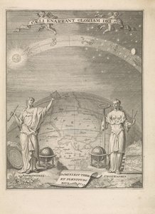 Astronomi ve Coğrafya, ölçüm aletleri ile Caeli anarrant gloriam dei Ps.10 (nesne üzerindeki başlık) Başlık sayfası: 't Werkstellige der sterre-konst by Leonardus Valck